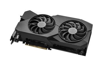 Oyun ve profesyonel masaüstü bilgisayarları için tasarlanmış, beyaz arkaplanda izole edilmiş yüksek performanslı siyah çift pervaneli grafik kartı.