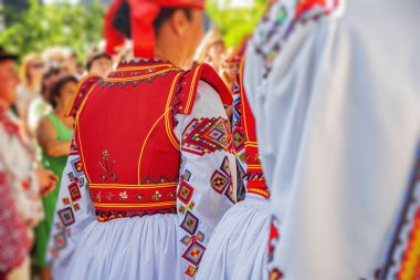 Canlı bir açık hava kültür festivali sırasında karmaşık nakış işlemeli renkli geleneksel Doğu Avrupa halk kıyafetleri giyiliyor.