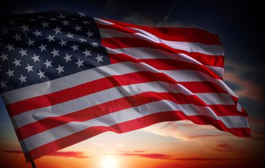 Dramatik bir günbatımı gökyüzü tarafından aydınlatılan Amerikan bayrağı sallamak vatanseverliği, özgürlüğü ve ulusal gururu simgeliyor..