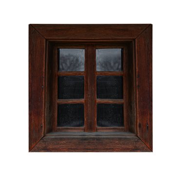 Beyaz arka planda yalıtılmış ve yaşlanmış bir ahşap pencere..