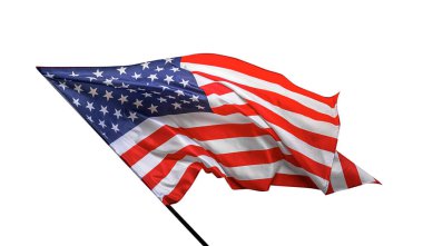 Amerikan bayrağı, ulusal gurur ve özgürlüğü simgeleyen beyaz bir arkaplanda gururla dalgalanıyor..