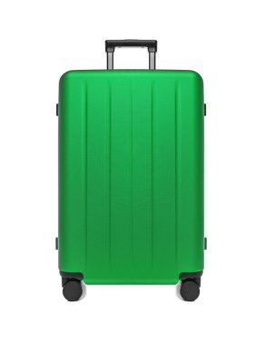 Tekerlekleri ve geri çekilebilir kolu olan modern yeşil bir valiz, seyahat ve hareket kabiliyetini temsil eden beyaz bir stüdyo arka planında izole bir şekilde sergilenmektedir..