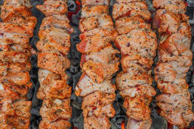 Sulu marine edilmiş şişler, açık hava barbeküsü sırasında metal şişler üzerinde kızgın kömür üstünde kızartılıyor..