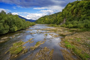 Manzaralı bir nehir yemyeşil bir orman vadisinde akar kayalık arazisi ve dağları olan dramatik bulutlu bir gökyüzü altında gündüz vakti..