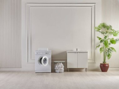 Oda konseptinde çamaşır makinesi giysileri, bitki ve sepet tarzında dolap vazosu, dekoratif açık kahverengi duvar arka plan tarzı.