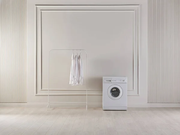 洗衣机服装在房间里的概念 橱柜花瓶的植物和篮子风格 装饰浅褐色墙背景风格 — 图库照片