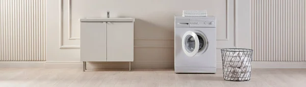 Washing Machine Clothes Room Concept Cabinet Vase Plant Basket Style — Stock Photo, Image