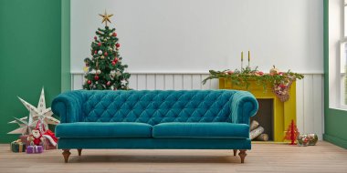 Sarı şömine beyaz ve yeşil duvar arka plan oda tarzı, Noel ağacı, hediye kutusu ve mobilya tasarımı.