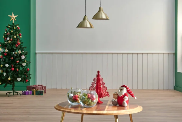 Weiße Und Grüne Wandhintergrund Mitteltisch Goldlampe Und Weihnachtsbaum Stil Frohes — Stockfoto