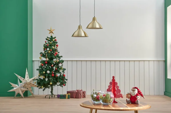 White and green wall background, middle table, gold lamp and Christmas tree style, happy new year room concept.