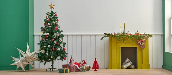 Gelber Kamin Weiß Und Grün Wand Hintergrund Raum Stil Weihnachten — Stockfoto