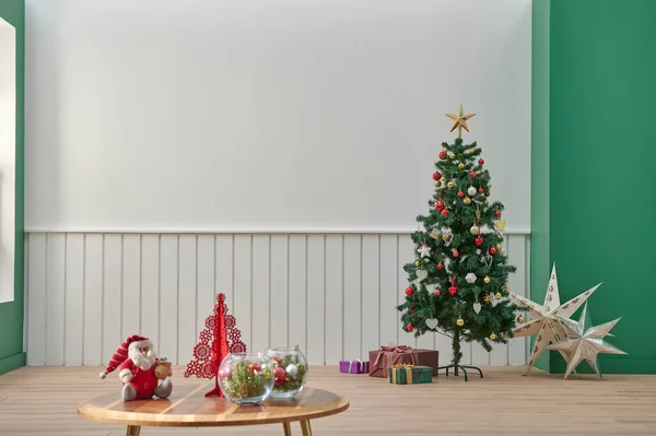 White and green wall background, middle table, gold lamp and Christmas tree style, happy new year room concept.
