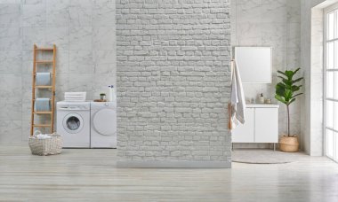 Lavabo aynası ve çamaşır makinesi tarzıyla beyaz banyo seramik duvar iç mimarisi, tuğla duvar dolabı ve ev dekorasyonu, temizlik malzemesi.