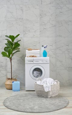 Çamaşır makinesi dekoratif banyo odasında, vazo vazo vazo, ayna ve ahşap merdiven, havlu ve fırça, kirli giysiler sepette.