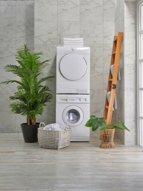 Arka arkaya çamaşır ve kurutma makinesi, dekoratif banyo tarzı, köşe kavramı..
