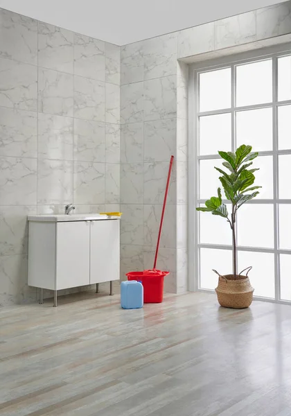Modern Banyo Odası Köşesi Beyaz Dolap Lavabo Ayna Dekoratif Nesneler — Stok fotoğraf