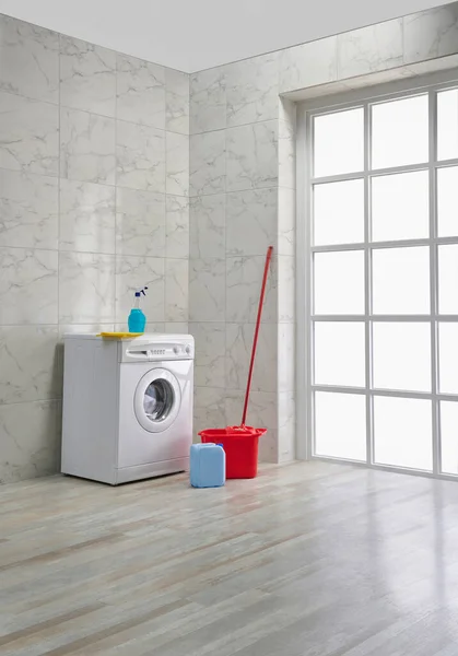 Banyo Odasında Çamaşır Makinesi Temizlik Malzemeleri Köşe Stili Dekoratif Nesne — Stok fotoğraf