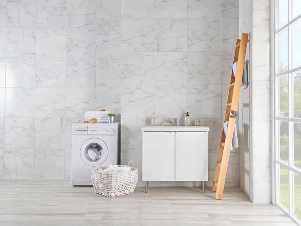Modern bath room with washing machine and cabinet sink style, mirror on the wall, wooden stairs towel decor, dirty clothes in the basket.