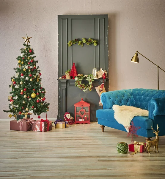 New year interior room concept with black fireplace, Christmas tree ornament, armchair and gift box style.
