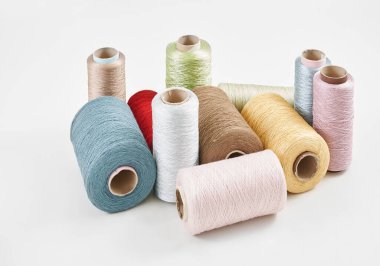 Yarn rope and fabric white background isolated style.