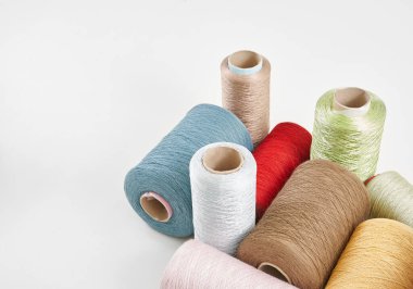 Yarn rope and fabric white background isolated style.