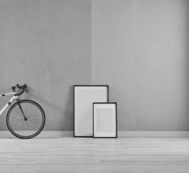 Orange and blue textured wall background, frame, vase of plant, coffee table sofa and chair style, furniture decoration.