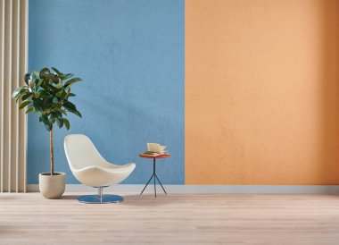 Orange and blue textured wall background, frame, vase of plant, coffee table sofa and chair style, furniture decoration.