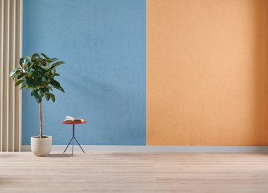 Orange and blue textured wall background, frame, vase of plant, coffee table sofa and chair style, furniture decoration.