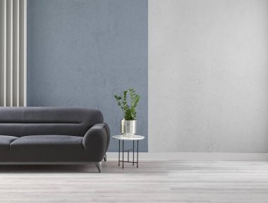 Orange and blue textured wall background, frame, vase of plant, coffee table sofa and chair style, furniture decoration.