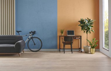 Modern working room interior home decoration, orange and blue textured wall background, vase of plant, bike.