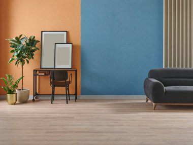 Modern working room interior home decoration, orange and blue textured wall background, vase of plant, bike.