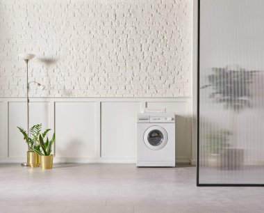 Washing machine in the bathroom, white brick wall background, vase of plant, cabinet and marble floor, folding screen.