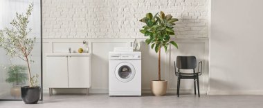 Washing machine in the bathroom, white brick wall background, vase of plant, cabinet and marble floor, folding screen.