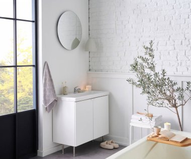 Beyaz banyo, iç konsept, dolap, lavabo, ayna, aksesuar ve bitki, dekoratif stil.