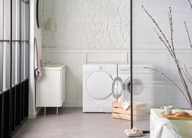 Beyaz banyo, çamaşır ve kuru makine, tuğla duvar ve şeffaf ekran, dolap lavabo ve ayna, bitki.