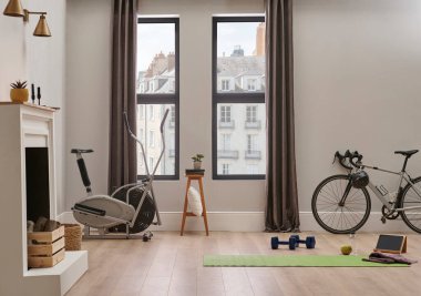 Spor ev konsepti bisiklet ve paspas, duvar sandalyesi ve oda iç mimarisi.