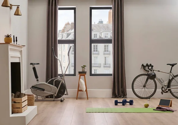 Sport Wohnkonzept Mit Fahrrad Und Matte Stuhlwand Und Raumgestaltung — Stockfoto