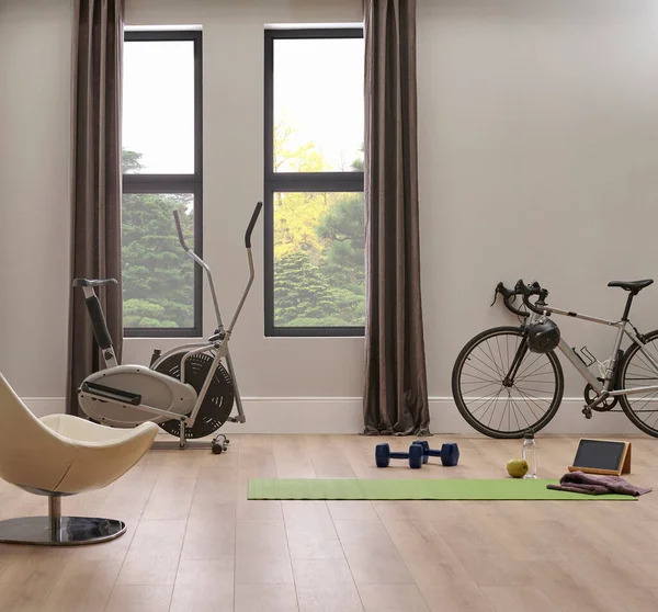 Esporte Conceito Home Com Bicicleta Esteira Cadeira Parede Estilo Interior — Fotografia de Stock
