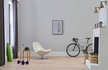 Dekoratif beyaz sandalye ve bitki stili, iç mekan konsept dekorasyonu, gri taş duvar, çerçeve ve halı tasarımı.