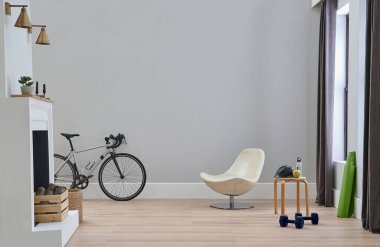 Dekoratif beyaz sandalye ve bitki stili, iç mekan konsept dekorasyonu, gri taş duvar, çerçeve ve halı tasarımı.