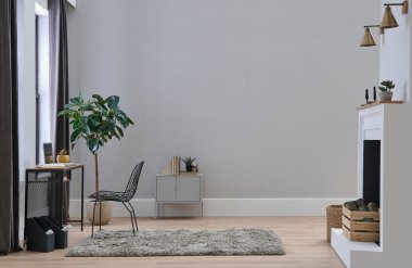 Dekoratif beyaz sandalye ve bitki stili, iç mekan konsept dekorasyonu, gri taş duvar, çerçeve ve halı tasarımı.