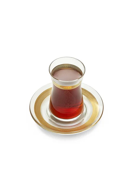 Türk Çayı Cam Fincanda Tabakta Izole Edilmiş Beyaz Zemin — Stok fotoğraf