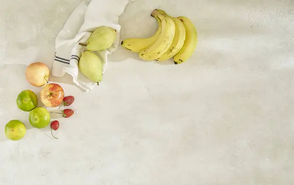 Fruits Table Grey Concrete Background Banana Apple Napkin Shot — Stock Photo, Image