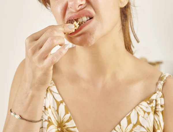 Woman Eating Biscuit Close Hand Mouth — Stock Photo, Image