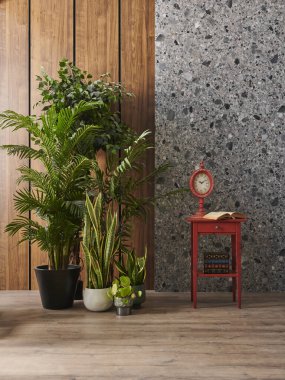 Dekoratif oda ve vazo konsepti, ahşap ve mermer duvar arka planı, sandalye masası ve kanepe iç tasarımı..