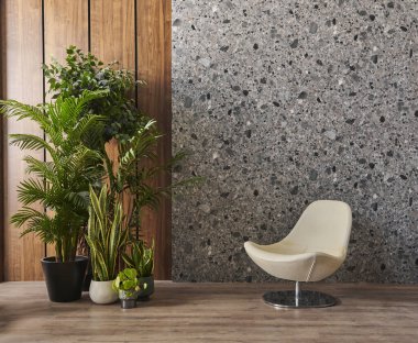 Dekoratif oda ve vazo konsepti, ahşap ve mermer duvar arka planı, sandalye masası ve kanepe iç tasarımı..