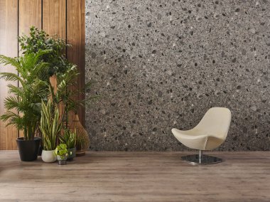 Konsept, vazo yeşil bitki, sandalye, çerçeve ve ahşap mermer arka plan.