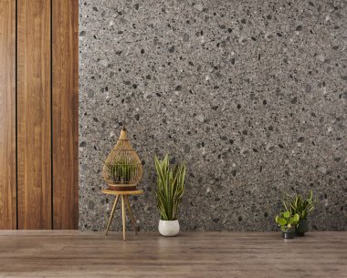 Konsept, vazo yeşil bitki, sandalye, çerçeve ve ahşap mermer arka plan.