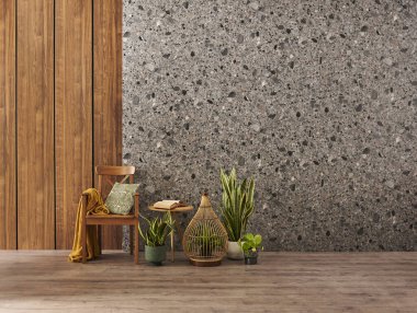 Konsept, vazo yeşil bitki, sandalye, çerçeve ve ahşap mermer arka plan.