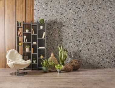 Modern ev dekorasyonu, gri kitaplık ve kitap, yeşil bitki vazosu, sandalye, gri mermer ve ahşap arka plan duvarı.